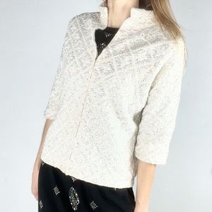 JOSEPH MAGNIN | 🤍VINTAGE 60s Wool Beaded Zip-Up 3/4 Sleeves Collared Sweater